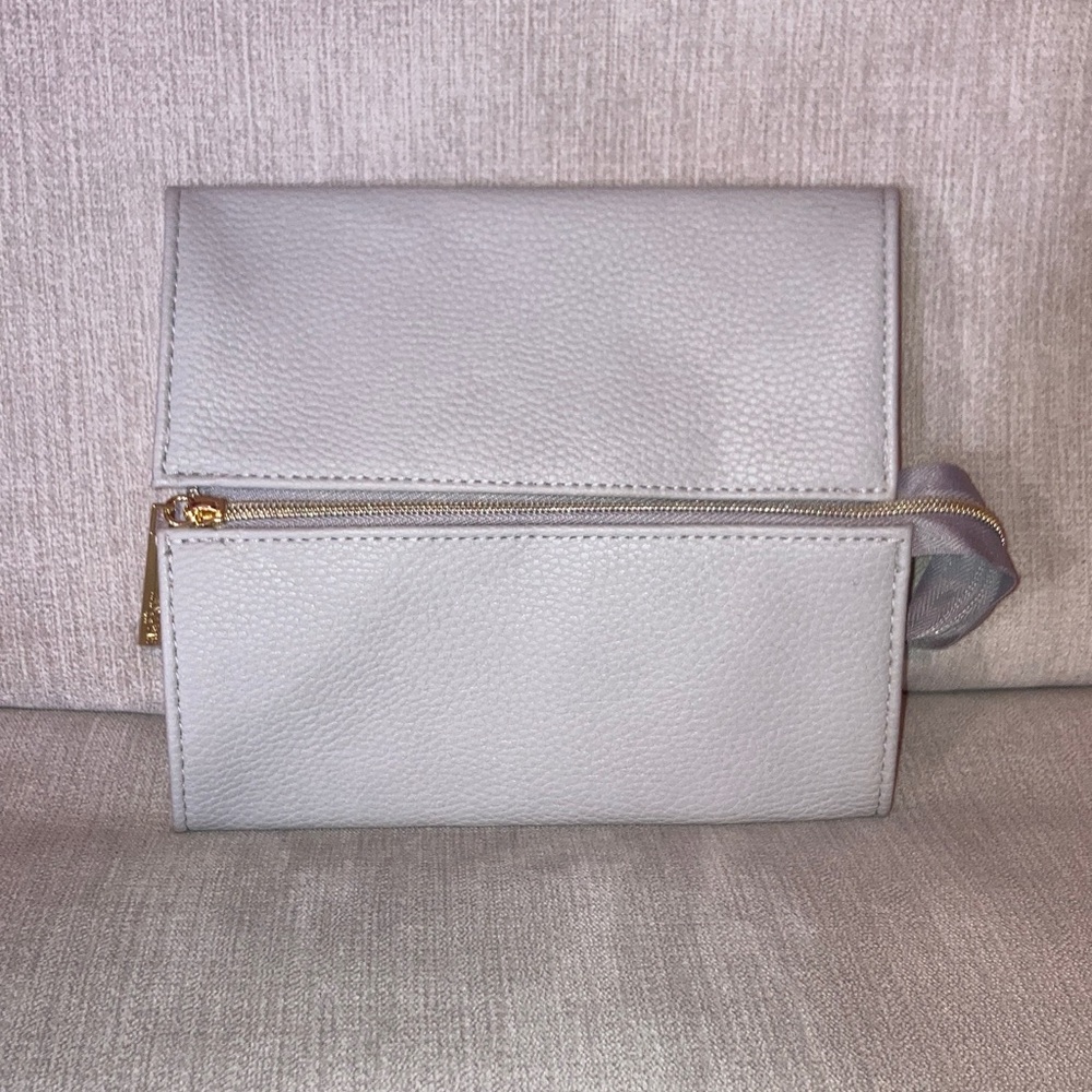 Lancome Faux Leather Cosmetic Bag Gray and White Clutch with Gold Zipper